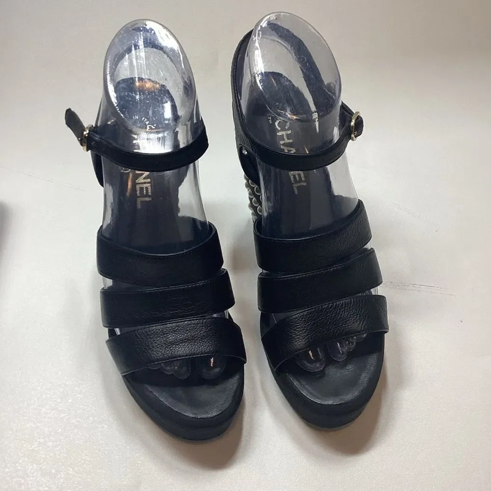 Chanel Calfskin Grosgrain Pearl Wedge‎ Sandals Size EU 38.5 Black